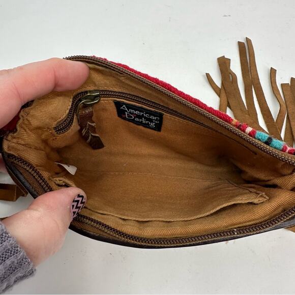 American Darling Tapestry Serape Fringed Wristlet Leather Clutch - Picture 8 of 12